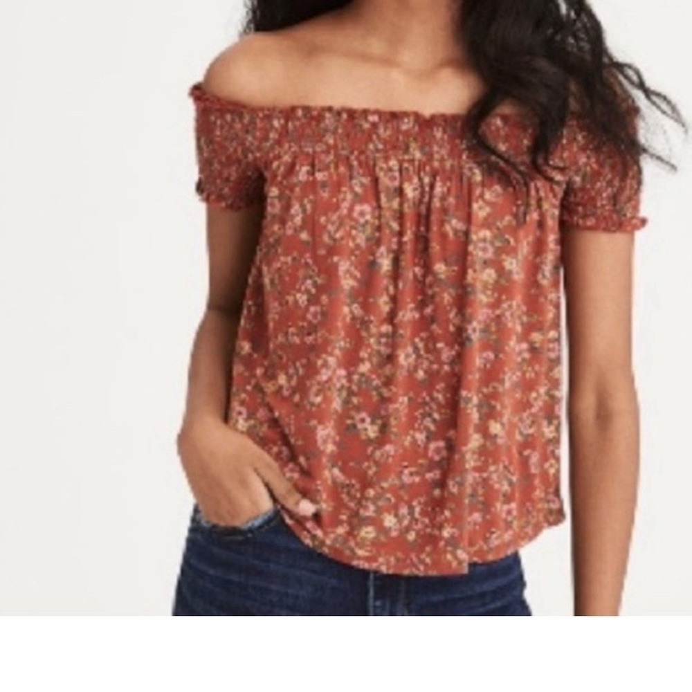 Peasant Top American Eagle Small Brown Floral Shirt Feminine Boho Flowy Shoulder